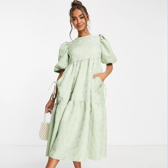 asos green jacquard dress ASOS LUXE jacquard mini dress with collar detail & puff sleeves in green & silver